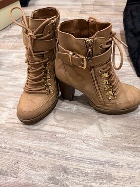 Guess Tan Lace-Up Heeled Ankle Booties with Buckle & Gold Hardware
